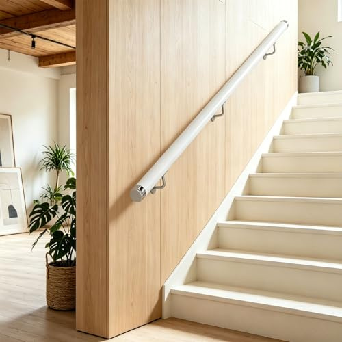 Dawselod White Wood Handrail,Round Stair Hand Rail,Wall Mounted Staircase Balustrade,Non-Slip Outdoor Safety Grab Bar for Younger/Elder/Disabled