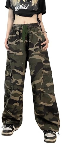 SESERAGI Cargo Pants Women Baggy Streetwear Y2K Drawstring Trousers Wide Leg Pants Camo Green L