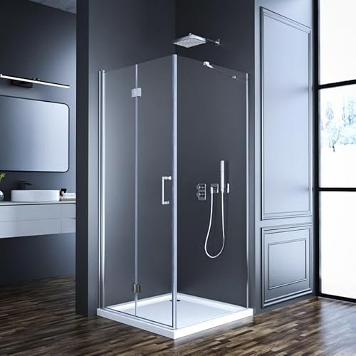 Eckeinstieg Duschkabine Falttür 80x75cm Duschabtrennung mit Seitenwand, Glas Faltbar Duschkabine mit festem Seitenteil Duschwand mit 6mm Nano ESG-Sicherheitsglas, Dusche Duschtür Höhe 195cm