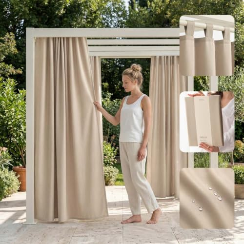 ROOM99 Outdoorvorhäng mit Schlaufen Garden Line 155 x 220 cm Breite x Höhe Outdoor Vorhang wetterfest Wasserdicht Sichtschutz Sonnenschutz Gardinen Garten Winddicht Beige, 1 Stück