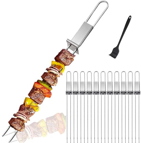 SHIKORI Kabob Skewers,13inch Metal Skewers for Kabobs with Push Bar Skewers for Grilling Double Fork Anti-Roll kebab skewers Stainless Steel Flat BBQ Skewers for Meat-12 Pcs