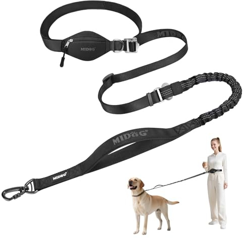 MIDOG Multifunctional Dog Leash Hands Free for Large Dogs - Adjustable Waist Leash with Zipper Pounch& Bungee Cord for Jogging/Running/Walking(4-7FT,Black)