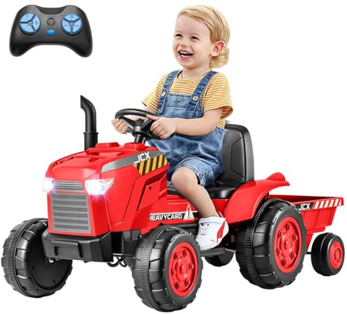 Maxmass 12V Kids Ride on Tractor, Battery Powered Electric Car with Detachable Trailer, Remote Control, Wireless Connection, USB, Music, Electric Construction Vehicle for 3-8 Years Old (Red)