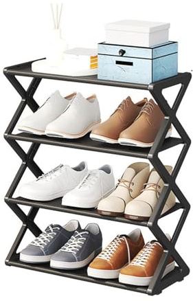 Faltbares Schuhregal, Verstellbares 4-stufiges Schuhaufbewahrung, Platzsparendes und robustes Kunststoffregal für Eingangsschrank und Flur (schwarz/Black)