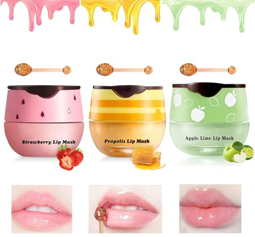 YANINEE 3 Stück Honey Balm Lippenbalsam, Beebalm Lips mit Stick für Feuchtigkeitsspendende Prävention Von Trockenen, Rissigen Lippen (Honey+Erdbeere+Apfel-Limette)