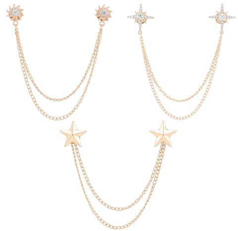NICENEEDED 3 chaîne de Suspension pour Costume pour Homme Chaîne de Cravate avec Breloque Broche de Mariage Épingle à Revers Épingle à Col à Pompon en Strass à Double Étoile