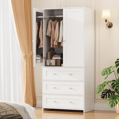 VOWNER Armoire Wardrobe Closet with Drawers and Mirror, 71 Clothing Storage Cabinet with Hanging Rod, 2 Doors Wooden Wardrobe Cabinet for Bedroom, Large Capacity Storage, White