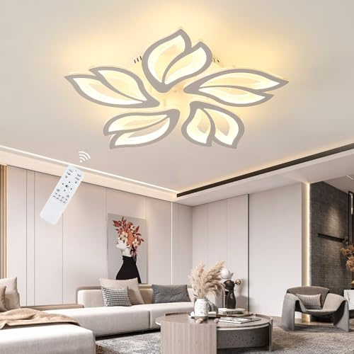 DELIPOP Plafón LED Regulable, 45W Lámpara Techo Dormitorio 3000K-6500K con Mando y App, Diseño 5 Pétalos Acrílico Blanco Moderno con Memoria, para Dormitorio Salón Comedor Cocina