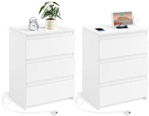 Yaheetech 2 Table de Chevet Table de Nuit 45.5x35.5x60.5 cm avec Multiprise | Table d’appoint en bois avec 2 Prises et 2 Ports USB, Table d'appoint Salon avec 3 Tiroirs, Table de lit Blanc