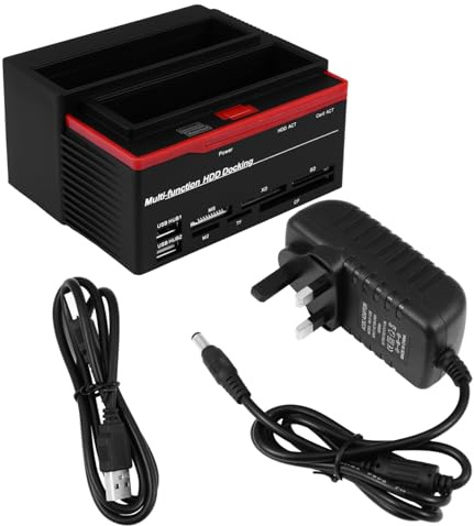 Mikikit Multi-function Hard Disk Dock Dual-disk Cards Reader Device with USB Expansion Hub Interfaces and Plastic Construction for Efficient Data Transfer and Storage