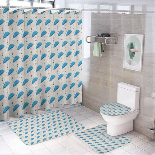 CAEITLRSO Juego de baño Dibujo Animado Paraguas con Cortina de Ducha, alfombras Antideslizante y Accesorios, Juego de Cortinas de Ducha Azul Sencillo, Cortinas de Ducha para baño 180cm X 180cm