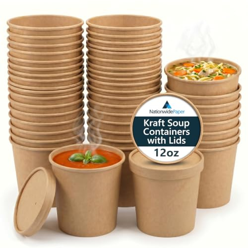 Nationwide Paper 12oz Brown Kraft Disposable Soup Containers with Lids 50 Pcs of Paper Soup Bowls Takeaway Tubs Perfect for Ice Cream and Deli Containers (340ml)