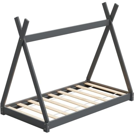 HAGO24 | Kinderbett | 140x70cm Grau | Tipibett | Holz Kiefer | Montessori | Bettgestell | Tipi Zelt | Lattenrost | Belastbar | Dekorierbar | Spielbett |
