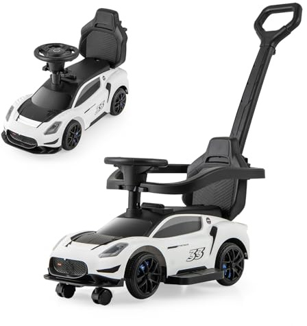 SOARS Kinder Rutschauto, Rutschfahrzeug mit Abnehmbarer Schiebstange, Fußstütze, Schutzbügel, Stauraum, Hupe, Spielzeugauto für Kinder ab 1 Jahr (Weiß)