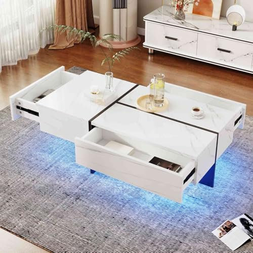 YEHTOKHOME Table Basse Moderne avec 3 tiroirs et éclairage LED, multifonctionnelle Table d'appoint carrée,mobilier de Salon,100x50x34.5cm (Blanc)