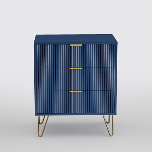 WOBOPCG Mesita de Noche 3 Cajones, Cómoda de 3 Cajones Mesitas Auxiliares con Cajones Mesa Auxiliar de Madera Mesita de Noche Azul Patas y Asas Doradas Panel de Veta Vertical (1, 3 cajones)