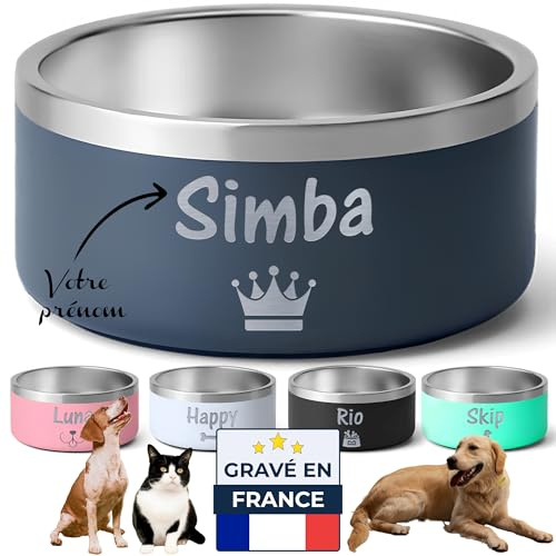 KDO MAGIC - Gamelle personnalisée Bleu Marin 32oz Base Antidérapante | Idée cadeau chien, chat, animaux | Grande et petite taille | Bolle personnalisable gravé avec prénom