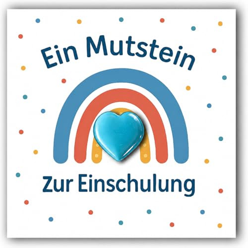 Mutstein Einschulung Set Herzstein Karte Geschenkbox für Junge Schulanfang | 4-in-1 Mutstein Set zur Einschulung: Herz-Stein, Regenbogen-Karte & Geschenkbox. Der ideale Glücksbringer für kleine Helden.