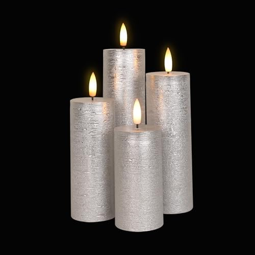 LUCOZA 4er Set Flammenlose LED Kerzen mit Timer für Innen, 10/12,5/15/17,5 cm Batteriebetriebene LED Echtwachskerzen, Realistische Stumpenkerze mit 3D-Dochtlich, Silber