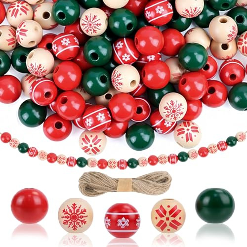 120 Stück Weihnachten Holzperlen Natur, Hölzerne Perlen Bastelset 5 Stilemit 20M Juteschnur, Rot, Grün, Natur Holzperlen für DIY Weihnachtsbaum Weihnachtsgirlanden Dekoration, DIY Basteldekoration
