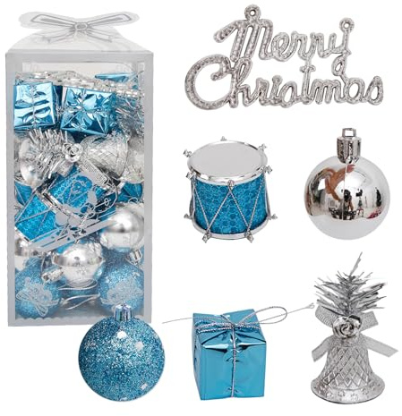 Taeku Mini Weihnachtskugeln, 32 Stück 4 cm Kunststoff Klingelglocken Trommel Schleife AnhäNger Baumkugeln Weihnachtsbaum Deko Weihnachtsdeko (Blau)