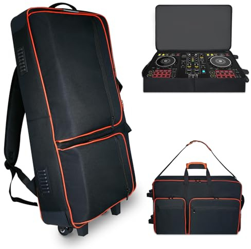 DJ Controller Case with Wheels for DDJ FLX10 / 1000 / XDJ-RR / RX / FLX4 / GRV6 / REV1 / REV5 / REV7,Rolling DJ Controller Bag Soft Padded Backpack with 2 Accessory Pocket,15.6 Laptops Compartment