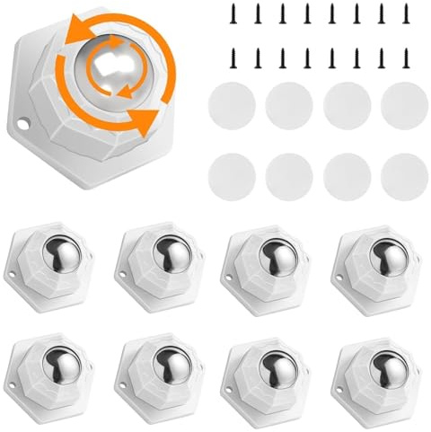 HASLED Möbelrollen selbstklebend 360° 8 Stück Weiß | ABS-Gehäuse, Edelstahlkugeln, Klebe- oder Schraubmontage, leise, für Mülleimer & Töpfe