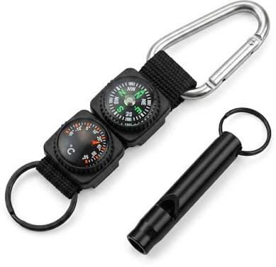 YIPFEN Bussola Portachiavi Set 2 Pezzi Metallo Nero con Fischietto di Emergenza per Navigazione Outdoor, Escursionismo, Survival. Affidabile, Robusto & Pronto all'Uso.