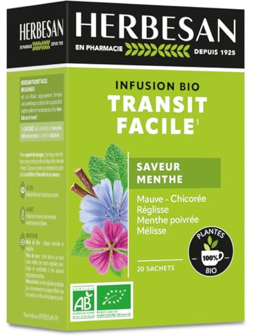 HERBESAN®- INFUSION TRANSIT FACILE BIO- Saveur Menthe - Sans plastique- 100% plantes bio - 20 sachets en papier