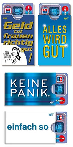 4 Kartenhüllen cardbox mit lustigen Sprüchen /// Motive: Keine Panik/Geld TUT Frauen ... / Alles Wird gut/Einfach so // EC KARTENHÜLLE - WITZIGE Geschenkidee - VERPACKUNG FÜR GELDGESCHENKE