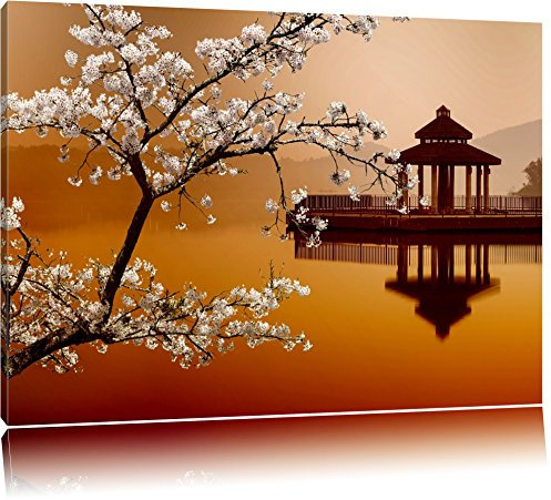 Pixxprint Kirschbaum an Japanischem See, Größe: 120x80cm, Leinwandbild, fertig gespannt, Wandbild, Dekoration, Kunstdruck, kein Poster