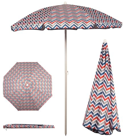 PICNIC TIME 5.5 Ft Portable Beach Umbrella, Lightweight UV Protection Sunshade with Tilt Pole & Carry Bag, Outdoor Canopy Umbrella for Beach, Sand, Pool, Patio, Camping, Travel, or Backyard Shade, (Vibe Collection - Navy Blue, Orange, & Gray Pattern)