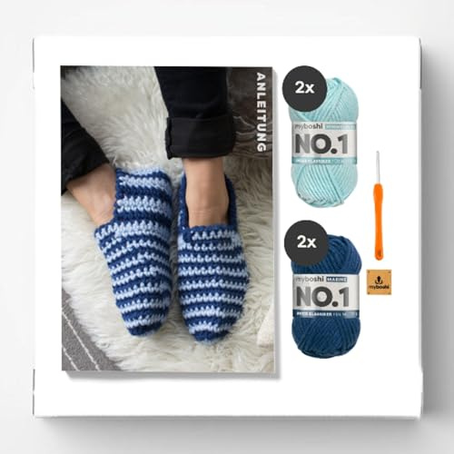 myboshi Häkelset Hausschuhe Suzuka, inkl. No.1 Wolle, Nadel und Anleitung, Schuh-Häkelpaket, 30% Merinowolle Blau, mit Häkelnadel