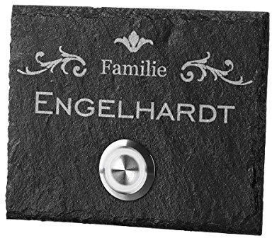 polar-effekt Personalisierte Türklingel aus Schiefer - 100x80 mm Klingelschild mit Gravur - Klingelknopf Weiss - Klingelplatte Geschenk zum Einzug [mit Edelstahlklammer] Motiv: verzierendes Ornament