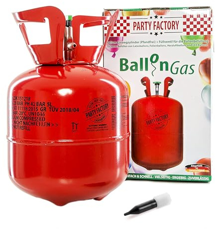 Party Factory – Helium Gasflasche 1x 140L für ca. 20 Luftballons – Partydeko Ballongas Flasche für Latex-, LED- & Folienballons – Einwegflaschen mit Knick-Füllventil – Für viele Dekoanlässe