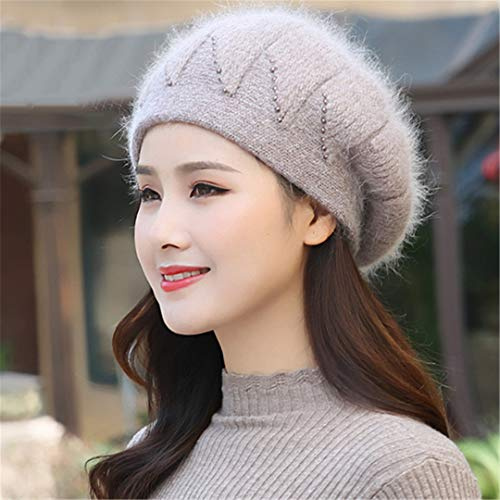 Renost Frauen Angora Beret Winter Perlen Doppelschichten Thermal Snow Knit Cap Light Coffee