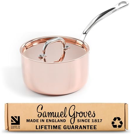 Samuel Groves 18cm Copper & Stainless Steel Saucepan with Lid, Tri-Ply Induction Sauce Pan, Oven Safe Professional Cookware, Uncoated Metal Pan for Gas, Electric & Ceramic Hobs, Made in England