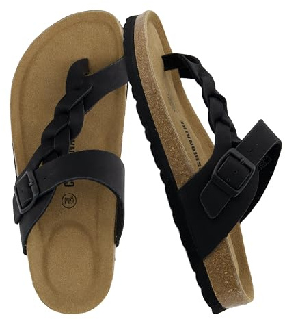 CUSHIONAIRE Libby Women's Braided Cork Sandals with Arch Support and Adjustable Strap – Comfortable Women’s Sandals, BLACK 7W