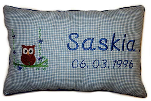 Momelie Blaues Schmusekissen * Kuschelkissen * Eule * mit Namen Bestickt * 17 x 29 cm * SK-bl_0129