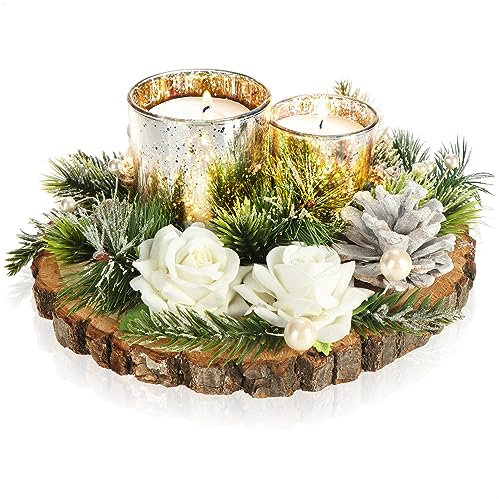 com-four® Portacandela - Portacandele Decorativo - Candeliere con Fiori, Ramoscelli e Coni su un Disco di Legno - Lavorazione Artigianale (2 portacandele - griglia per alberi)