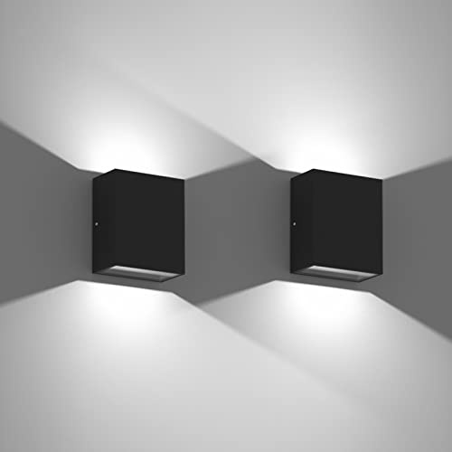 Klighten 2 Stück LED Wandleuchte 7W Aussen Innen Up Down Aussenleuchte Wand, Außenwandleuchte Wasserdicht IP65 Wandlampe aus Aluminium für Eingang Garten Korridor, Kaltes Weiß 6000K, Schwarz