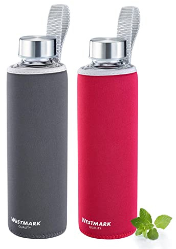 Westmark Trinkflaschen-Set, 2tlg., 2 Trinkflaschen aus Glas mit Aufdruck, inkl. je 1 Schutzhülle, 550 ml, Glas/Silikon/Kautschuk, BPA-frei, Viva, Rot/Anthrazit/Silber/Klar, 527222E8