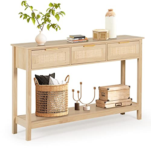 LAZZO Rattan Console Table Boho Entryway Table Narrow Long Sofa Table Hallway Foyer Behind Couch Table with 3 Drawers and Open Storage Shelf for Living Room and Corridor Natural Wood