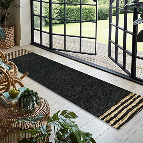 GRUHUM Juteläufer, 70 x 120 cm, Naturfaser, Leder, schwarz, Jute-Teppich, handgewebt, Boho, Bauernhaus, geflochten, rustikal, Vintage, umweltfreundlich, für Küche, Wohnzimmer, Schlafzimmer, Flur