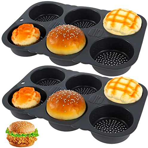 Beenle-Icey 2Pcs Silicone Hamburger Bun Mold 6-Cavity Egg Muffin Baking Pan Non-Stick Round Burger Bun Maker Reusable Bread Tray for Hamburger Chocolate Cake Pie Custard Tart