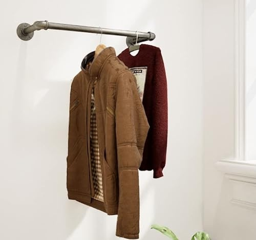 Suyak Versatile and Sturdy Industrial Pipe Clothes Bar Rack - Heavy Duty Wall-Mounted Clothes Rail and Coat Stand for Bedroom Storage and Organizing, Double Base with Hanging Rail - 80 CM
