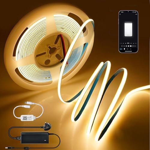 5M WiFi COB LED Strip Light Warm White,384LEDs/m Ultra Thin 5mm,DC24V Dotless Rope Light CRI90+ for Under Cabinet Kitchen Unit Alcove,Dimmable Music Sync Works with Alexa Google Home