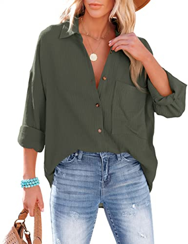 NONSAR Bluse Damen Lässiges Hemd mit V-Ausschnitt 100% Baumwolle Lockere Passform Solide Dickes Oberteil Elegant mit Tasche