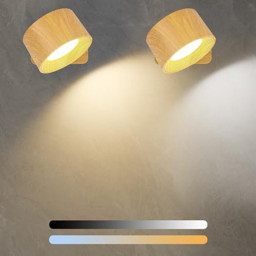 Diealles Shine Vägglampa för inomhusbruk, uppladdningsbar vägglampa med tre ljusstyrkor och tre färger, 360° vridbar vägglampa för sovrum, kök, badrum, vardagsrum, 2-pack, träfärg
