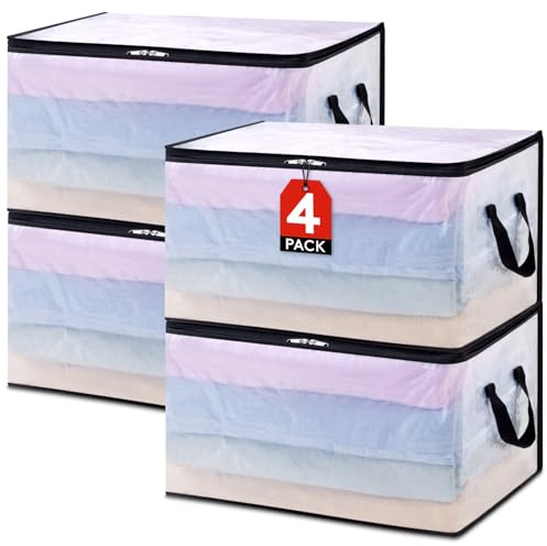 Lifewit 4 Stück 60L Transparente Plastik Aufbewahrungstasche | Kleideraufbewahrung, Kleiderschrank, Umzugskartons, Aufbewahrungsboxen mit Verstärkter Griff für bettdecken, Kleidung, Decke